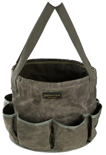 Professional 16oz Waxed Canvas Garden Tool Tote - Extra Large Waterproof Storage with 8 Pockets & Reinforced Base | Durable Carrying Case for Gardening, Landscaping & Outdoor Work