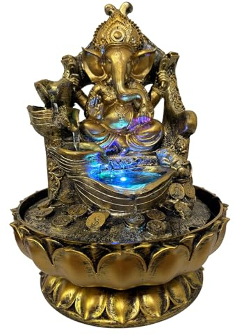 Estatuas grandes de Ganesha Fuente de mesa para interiores, estatua de Buda de ídolo Ganesha, fuente de cascada zen con luces LED, decoraciones de elefante indio para el hogar, oficina, dormitorio