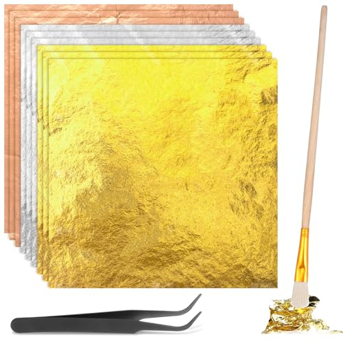 150 Blatt Goldfolie zum Basteln Gold Folie Flocken blattgold Papier 14X14CM Multifunktion Blattgold Blätter mit Pinzetten und Bürsten Blattgolds für Vergoldung,Malerei,Küche Mousse Kuchen-3 Farben