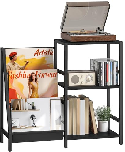 HOMCOM Record Player Stand, 3-Tier Side Table with Vinyl Record Storage, End Table with 3 Oxford Cloth Magazine Racks for Living Room, Bedroom, Black Wood Effect