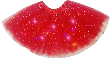 TRYUEN Women LED Tutu Skirt Sequins Stars Light Up Tutu Skirts Layered Ballet Dance Tulle Skirt for Halloween Party Costume (UK, Alpha, One Size, Regular, Regular, Standard, Red)