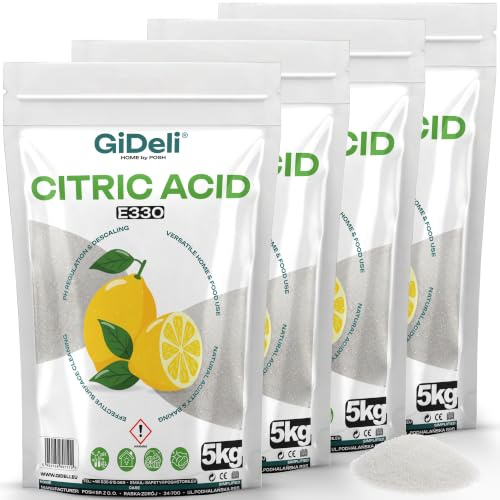GiDeli Ácido Cítrico 4x5kg E330 Grado Alimentario - Polvo Blanco Puro Para Repostería y Conservas - Descalcificador Natural de Gran Formato Para Lavavajillas, Lavadora y Limpieza - Regulador de pH