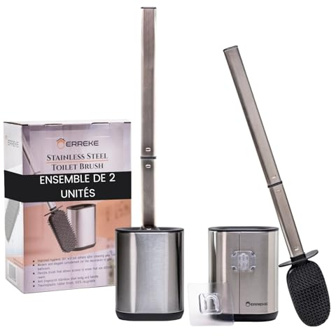 Erreke Set de 2 Escobilla Baño Silicona, Escobilla WC, con Soporte Antihuellas, Fácil Montaje en la Pared, Acero Inoxidable SS410, Higiénica, Flexible y Resistente, Mango Largo (Plateada)