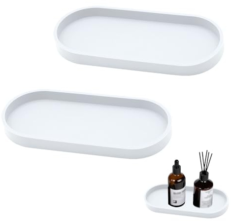 WOUYTPE 2 Stück Silikon Badezimmer Tablett, Tablett Klein, Schminktisch Ablageschale, Geeignet Für Wohnzimmer, Schlafzimmer, Bad, Küche Waschbecken, Weiß (Oval)