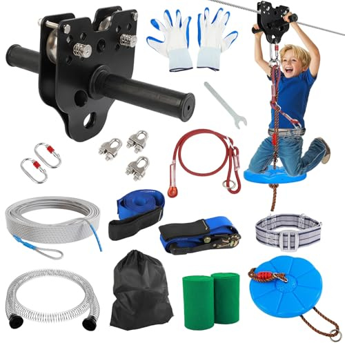 Dollate 80FT Zip Lines for Kids and Adults Outdoor: 400LBS Capacity Updated Removable Design Trolley,Safety Harness,Thickened Seat,Quick Tighten Zipline Kits for Backyard