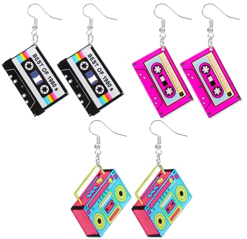 LXUEJIE Lot de 3 paires de boucles d'oreilles rétro en forme de cassette néon pour femme, tenue des années 80 et 90 en acrylique, accessoires de bijoux néon pour femme, cadeaux d'Halloween et de