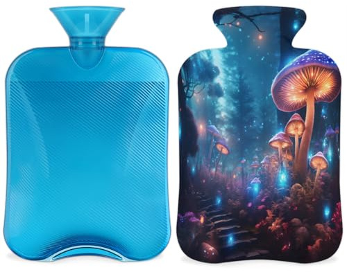 Glow Mushrooms Wärmflasche mit Bezug, 2 l Wärmflasche für Schmerzlinderung, Nacken weich und Schulter, Handfußwärmer, heiße und kalte Kompresse für Erwachsene und Kinder