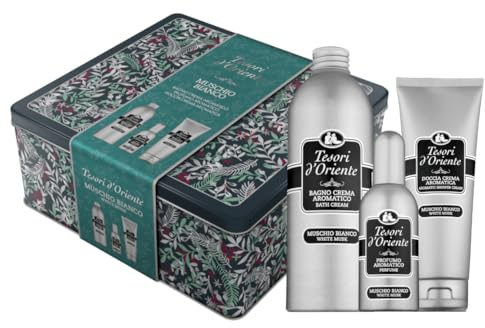 Tesori d'Oriente, Weißer Moschus Duschset, inklusive Duschcreme 250 ml, Badecreme 500 ml und aromatischer Duft 100 ml, Düfte mit bernsteinfarbenen und harmonischen Noten, die lange anhalten