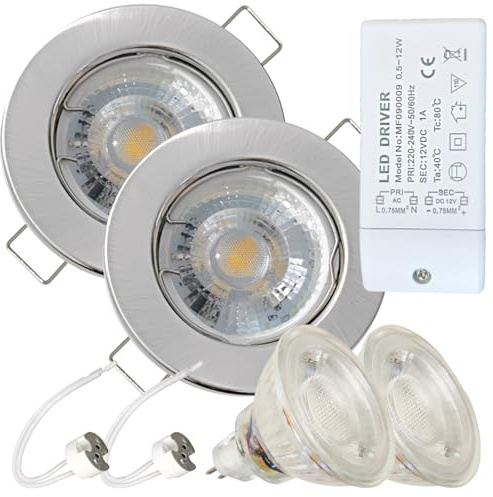 Lampen-Platz 2 Stück LED Einbaustrahler Lotta 12V 5W IP20 Edelstahl gebürstet | Warmweiß 3000K, 400lm | inkl. Trafo & MR16-Fassung | Für Küche und Wohnbereich | Ideal zur LED-Umrüstung