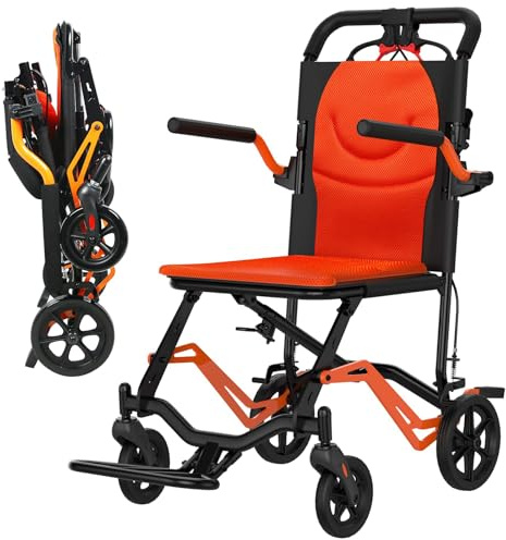 Lightweight Transport Wheelchair, 16 Inch Seat, Portable Folding Wheelchair for Adults & Seniors, 18 LBS Ultra Light Weight Chair with Removable Flip Armrests, Swing Footrests & Hand Brakes