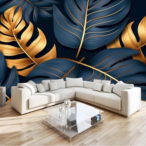 Decorative Wall Wallpaper 300 x 210 cm (W x H) - Multi-Style Wall Murals Featuring Modern Leaves Tropical Lines Printing - Ideal for Home, Bedroom, Living Room, Kids Room - Dark Blue Gold