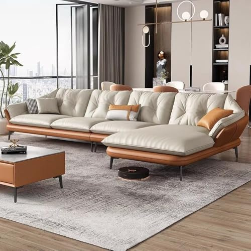 Nordisk lyxig modern minimalistisk L-formad lädersoffa, massiv träram, rymlig och mjuk soffa, modern stor storlek, lämplig för vardagsrum/kontor/lägenhet.