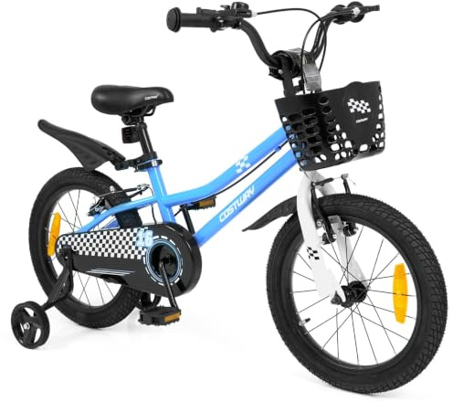 COSTWAY Kinderfahrrad 14/16 Zoll, Fahrrad mit verstellbarem Sattel & Lenker | Kinderrad mit Klingel, Korb, Schutzblech, V-Brake Bremsen & Stützrädern für 4-7 Jahren Jungen & Mädchen
