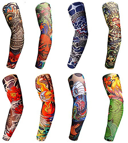 Toirxarn 8PCS Tattoo Sleeves Cool Temporary Sunscreen Arm Sleeves for Men Women Cycling Running Driving Sports-Colored Design