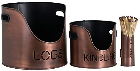 Hill 1975 Log's & Kindling Buckets + Matchstick Holder Copper Finish