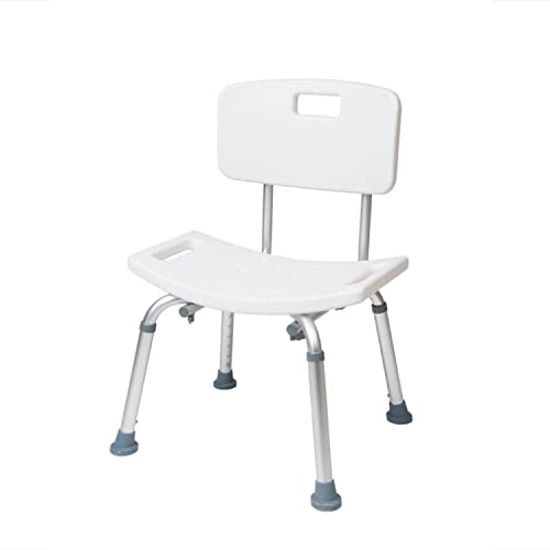 Cymam - Silla de Baño con Respaldo para Personas Mayores - Altura Regulable en 8 Niveles - Asiento Antideslizante con Desagües - Conteras de Caucho - Montaje sin Herramientas