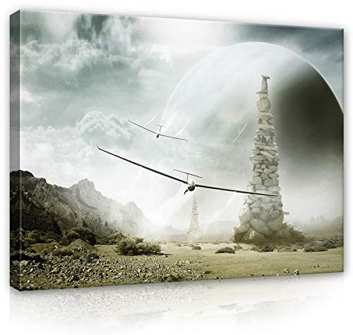 Forwall Leinwandbild Canvas Segelflugzeug Kinderzimmer - Junge Mond Wandbilder für Kinder Bild Kunstdruck Kinderbild Wanddekoration 13195O1 100cm x 75cm