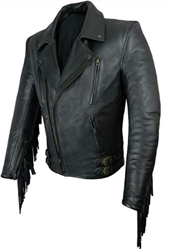Lishow Fashion Men's Biker Rider Motorcycle Motorbike Rocker Retro Cowhide Black Leather By Reclaimed Vintage Cafe Racer Fringed Jacket (M, Black)