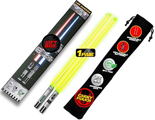 LIGHTSABER CHOPSTICKS LIGHT UP STAR WARS LED Glowing Light Saber Chop Sticks REUSABLE Sushi Lightup Sabers - Removable Handle Dishwasher Safe - Premium GIFT BOX & CARRY CASE Included - YELLOW 1 PAIR