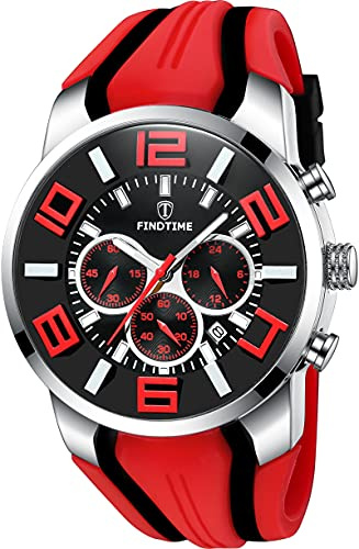 findtime Reloj deportivo para hombre, cronógrafo, militar, analógico, cuarzo, silicona, reloj de pulsera para hombres y jóvenes, números grandes, fecha, temporizador, color rojo, rojo, Deportes