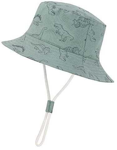 Durio Baby Sonnenhut Kinder Sonnenmütze Junge Mädchen Atmungsaktiv Sommerhut Kinder UV-Schutz mit Bindebändern Graugrün mit Dinosaurier 6-12 Monate(Tag Size S)