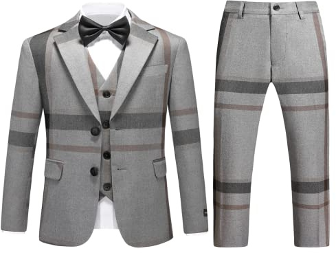 Boys Suit 3 Piece Check Plaid Kid Suit Set Grey Boys Tuxedo Suits Formal Size 10 Boys Dress Clothes Ring Bearer Outfit