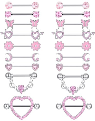 Tornito 9 Pairs Nipple Rings Stainless Steel Heart Butterfly Moon Flower CZ Barbell Tongue Rings Set Cute Nipplerings Piercing Jewelry for Women Pink Tone
