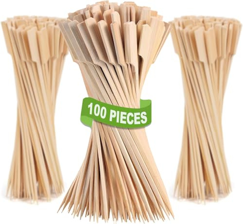 Bamboo Skewers 10 Inch - 100 PCS - for Grilling - Paddle Wood Picks, Kabob, Kebab, Roasting Sticks, BBQ, Appetizers, Fruit, Chicken