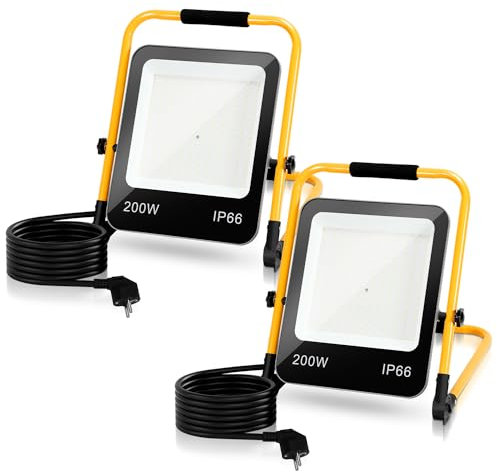 Ikodm Faretto LED da Cantiere, 2 Pack 200W Super Luminoso Faro LED con 3M Cavo Spina, Lampada da Lavoro portatile 16000LM 6000K con Staffa Pieghevole, Impermeabile IP66 per Garage Auto