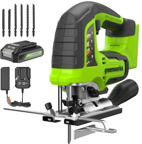 Greenworks 24V Brushless Cordless Jig Saw,3000 SPM,1 Inch Stroke Length Jigsaw with 6PCS Blades,4 Orbital Settings,45 Degree Cutting Angle,Tool-Free Blade Changing