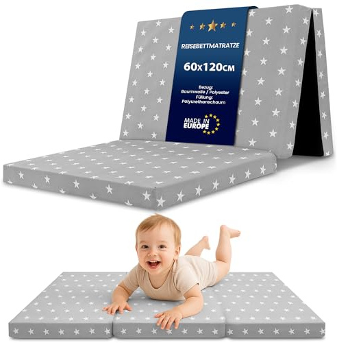 Vikbar madrass hopfällbar resebädd babymadrass 60x120 cm - Hopvikbar madrass för barn gästmadrass vikbar babymadrass golvmadrass sovmadrass och resemadrass Stjärnor och grå