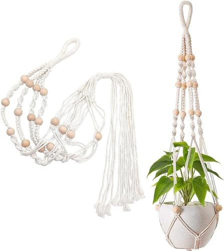 STOUCLA Makramee-Pflanzenaufhänger, Pflanzenaufhänger, hängender Pflanzkorb, Blumentopfhalter, Baumwollseil, 100 cm mit Perlenquasten für drinnen und draußen, Wandbehang Pflanzen, Büro, Heimdekoration