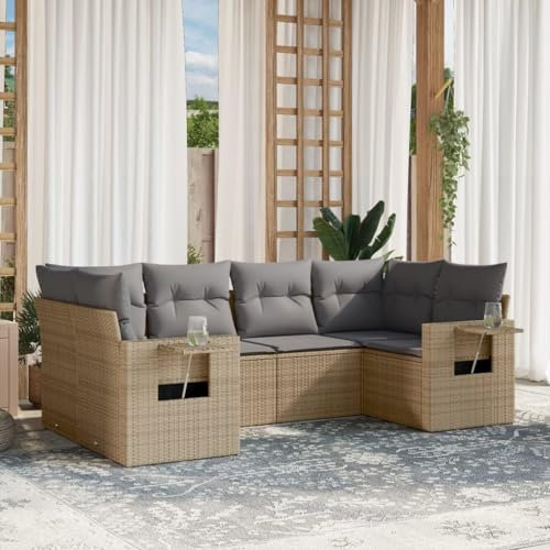Rantry 6-TLG. Gartensofa Set mit Kissen Gartenlounge Gartenmöbel Loungesofa Balkonmöbel Ecklounge Ecksofa Loungemöbel Sitzgruppe für Balkon Terrasse Garten Beige Poly Rattan