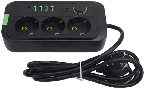 Regleta Europea 8 en 1 con 3 Salidas y 4 Puertos USB A + 1 Puerto USB C, Regleta de Montaje en Pared con Cable de 2 M, Enchufe Europeo 110-250V (Black)
