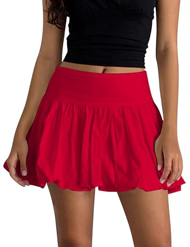 KIGRAD Y2k Minirock für Damen, niedlich, mit Rüschen, kurzer Rock, A-Linie, niedrige Taille, Vintage-Ballonrock, Rot/Ausflug, einfarbig (Getaway Solids), Groß