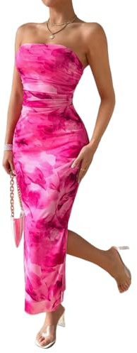 LIGHT DOT Women's Summer Dress Printed Strapless Tube Bodycon Maxi Side Slit Mesh Layered (Fuchsia,XS)