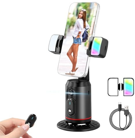 360° Rotation Auto Face Tracking Phone Holder with Bluetooth Remote and 2 Light, Live Auto Tracking Tripod No App Gesture Control, Phone Gimbal Stabilizer Stand Rechargeable for Ins Vlog Tiktok Live