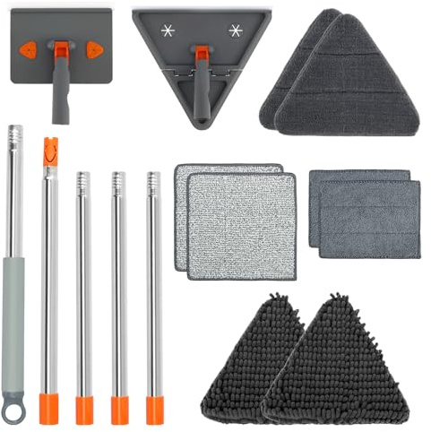 Wall Cleaning Mop with Long Handle 90° Collapsible Triangle Mop Head 360° Rotatable Baseboard Cleaner Tool with 2 Chenille Duster and 6 Microfiber Pads Ceiling Cleaner Tool for Washing Painted Wall
