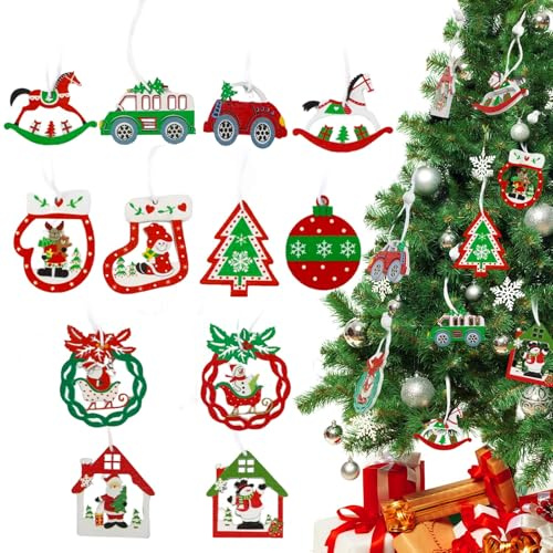 Holz Weihnachtsdeko Anhänger, FainFun 12 Stück Weihnachtsbaum Anhänger Holz mit Schnur, Weihnachtsbaumschmuck, Schneemann, Auto, Hirsch, für Weihnachtsbaum, Party Dekoration