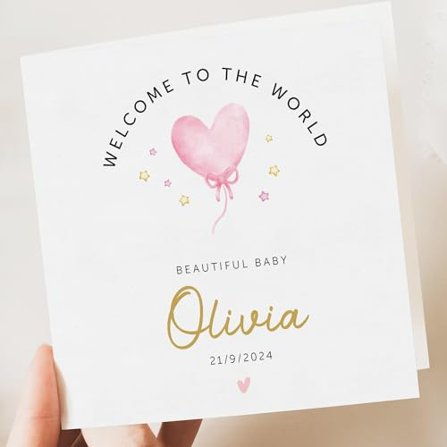Artsy Gift Co - Personalised Baby Girl Card – Custom Newborn Baby Greeting Card with Name & Birth Date – Perfect for New Parents