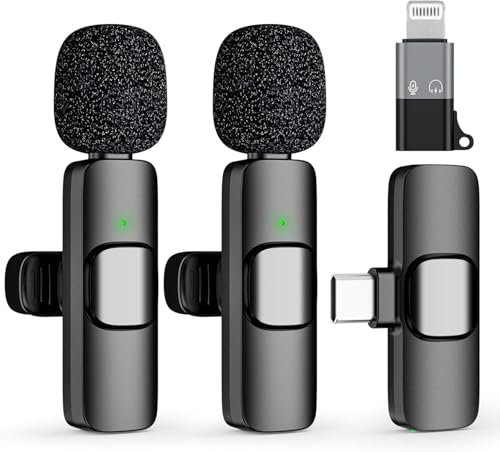 HUACAM Lot de 2 microphones cravate rechargeables sans fil pour système de type C, iOS et Android - Mini microphone à clipser - Pour vidéo, interviews, podcasts, Vlog