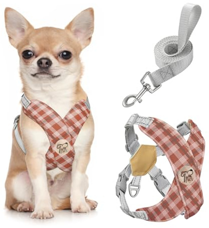 Pawaboo Hundegeschirr mit Hundeleine Set, X-Rahmen Verstellbares Anti Zug Anti-Erstickung Hund Brustgeschirr für Kleine, Mittelgroße Hunde & Welpen, Hundeweste mit Leine, S, Khaki Kariert