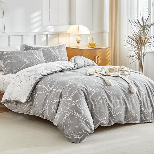 Tokokimo Super King Duvet Set 4 Piece Bedding Set with Fitted Sheet - Grey Branches Print Soft Microfiber Grey Super King Duvet Cover (1x Quilt Cover, 2x Pillowcases, 1x 40cm Deep Fitted Sheet)