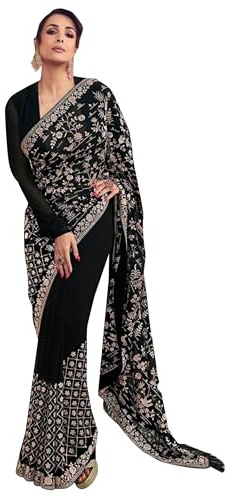 IMTRA FASHION Bollywood Sari Für Damen Party-Kleidung Georgette-Stickerei Sari Mit Ungesäumtem Blusenteil - Schwarz
