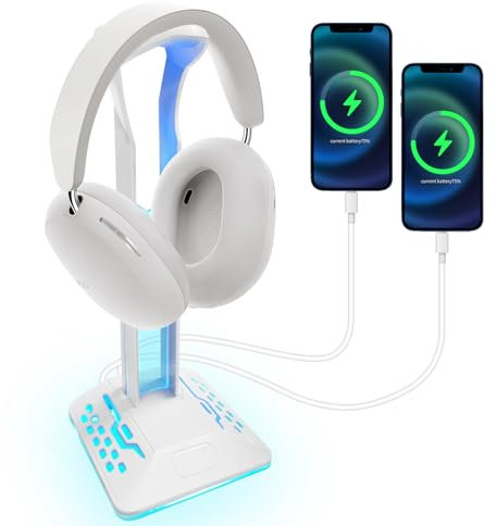 WIYETY Soporte para auriculares RGB con 2 puertos USB y 1 conector tipo C, 6 modos de cambio de color RGB, colgador universal de auriculares para videojuegos, color blanco