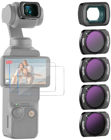 Neewer ND/PL filterset (4-pack) och 0,75X vidvinkelobjektiv kompatibel med DJI Osmo Pocket 3 Creator Combo Tillbehör, ND8/PL ND16/PL ND32/PL ND64/PL polariserad ND CPL med skärmskydd, FL-B07