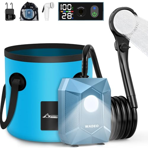 WADEO Ducha portátil para Acampada con Bomba y depósito de Agua, Bomba de Ducha para Acampada con iluminación, Set de Ducha para Acampada con lámpara para Senderismo, Viajes y excursiones