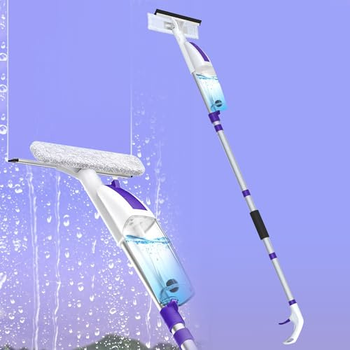 Spray Window Squeegee with 60 Extension Pole, Window Cleaning Squeegee Kit- 2-In-1 Squeegee Scrubber, 3 Microfiber Cleaning Pad&400ML Refill Bottle, Multi-Use Squeegee for Home Shower Car Windshield.
