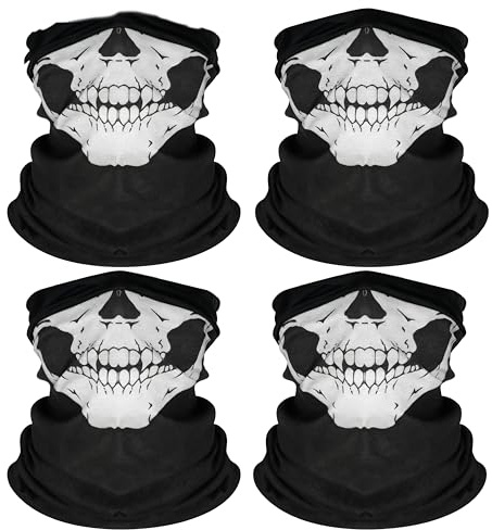 4 Stück Motorrad Totenkopf Maske, Schlauchschal Bandana Multifunktionstuch für Motorrad Fahrrad Ski Halloween, Schwarz