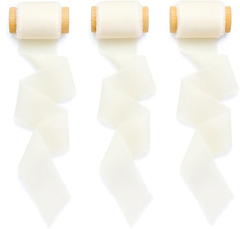 3 rullar 5 m x 25 mm band beige satinband krämfärgat presentband, chiffongband presentband tygband, handgjorda band slitna kanter, elegant sidenband
